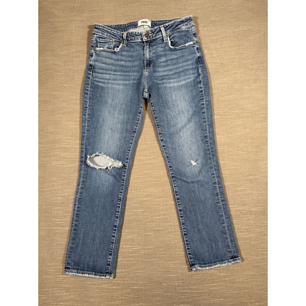 Paige Womens Distressed Straight Leg Jeans Brigitte Medium Wash Blue Denim